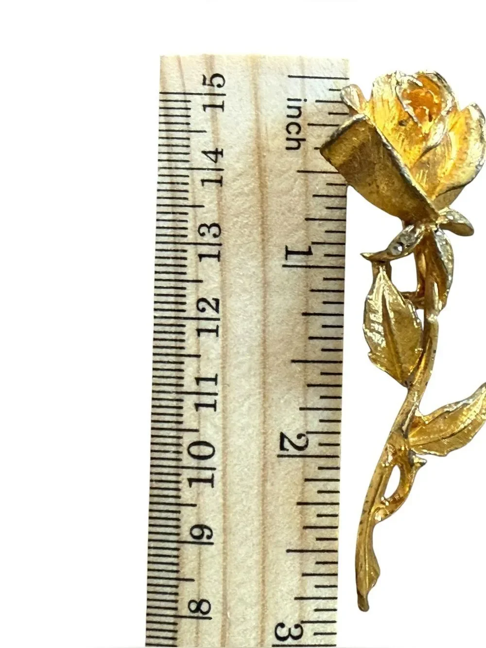 Vintage Gold Tone Long Stem Rose Brooch Pin With White Rhinestone Detail